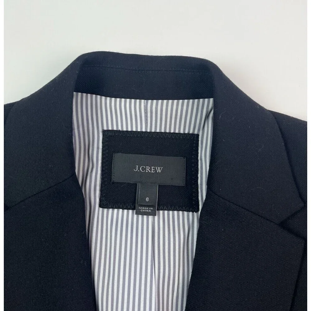 J Crew Wool Blazer Size 6 Black Gold Crest Buttons Striped Lining Preppy Office